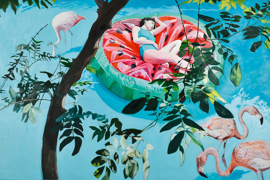 Silvana Nuovo, Watermelon island and pink flamingos, 2021 Óleo sobre lienzo 100 x 150 cm © Fernando Franceschelli